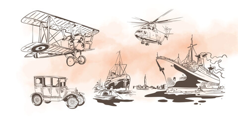 Transportation of ink drawing sketch for poster, post card, name card, brochure, t-shirt, logo, branding, collection, art print.