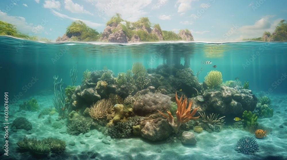 Poster an underwater view depicting a coral reef with an island visible in the distance. generative ai