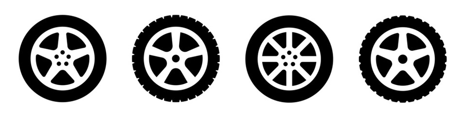 Car wheel icons set. Black wheel tires silhouette collection. Auto wheel disks. - obrazy, fototapety, plakaty