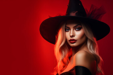 Portrait of a sexy halloween witch against a red background. Generative ai