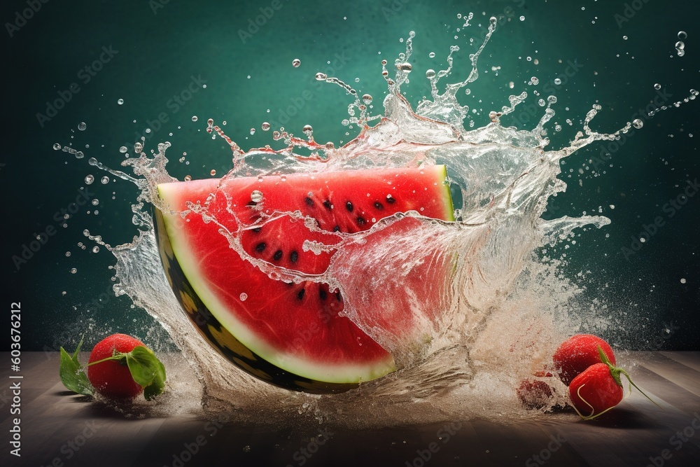 Poster a piece of watermelon is falling into the pool as it splashes. generative ai
