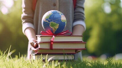 Environment education knowledge concept with earth globe and books of knowledge. - obrazy, fototapety, plakaty