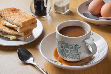 Traditional oriental and vintage kopitiam breakfast style. Popular in Malaysian and Singaporean.