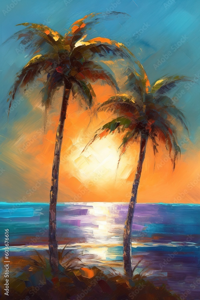 Poster a picture of two palm palms on a beach as an example generative ai