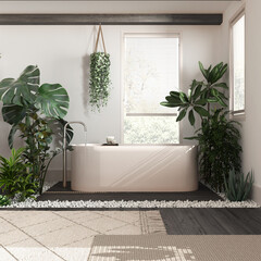 Modern dark wooden bathroom close up in white and beige tones with bathtub and many houseplants. Biophilia concept. Urban jungle interior design