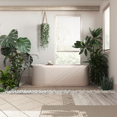 Modern bleached wooden bathroom close up in white and beige tones with bathtub and many houseplants. Biophilia concept. Urban jungle interior design