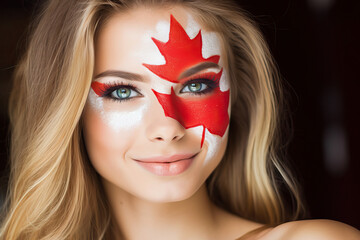 A woman with a canadian flag painted on her face - obrazy, fototapety, plakaty
