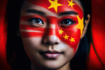 A woman with her face painted with the flag of china