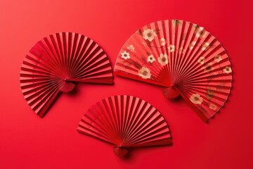 Chinese New Year. Decor pattern fan on red background. Red paper fans .Lunar New Year banner template. Lunar New Year,chinese banner. AI Generated