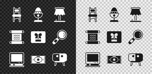 Set Chair, Chicken egg on stand, Table lamp, Retro tv, Classic carpet, TV table, Papyrus scroll and Butterfly in frame icon. Vector