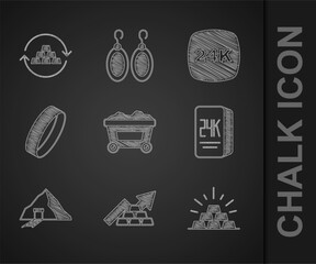 Set Mine cart with gold, Growth arrow bars, Gold, 24k, mine, ring, and exchange money icon. Vector
