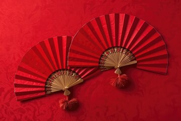 Chinese New Year. Decor pattern fan on red background. Red paper fans .Lunar New Year banner template. Lunar New Year,chinese banner. AI Generated