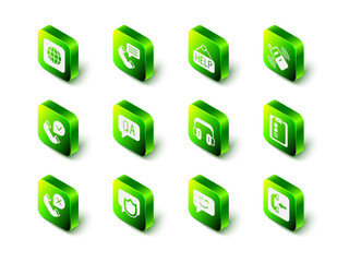 Set Telephone conversation, Signboard with text Help, Mobile, Online quiz, test, survey, Incoming call, Headphones, Smile face and Speech bubble chat icon. Vector