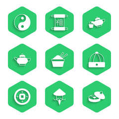 Set ice in a bowl with chopstick, Asian or Chinese conical straw hat, tea ceremony, Yuan currency, and Yin Yang symbol icon. Vector