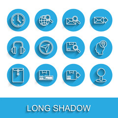 Set line Envelope, Cardboard box with free symbol, Fast time delivery, traffic, Push pin, Infographic of city map navigation, Delivery man cardboard boxes and Search package icon. Vector