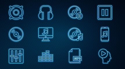 Set line Head people with play button, Music player, Vinyl disk, Computer music note, Stereo speaker, and Headphones icon. Vector