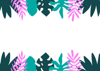 Fototapeta na wymiar Summer tropical abstract background with copy space for text. Tropical leaves frame, banner, card, flyer. Horizontal colorful template.