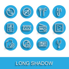 Set line Music book with note, Vinyl disk, Sound mixer controller, Musical tuning fork, Drum, Play square and Radio antenna icon. Vector