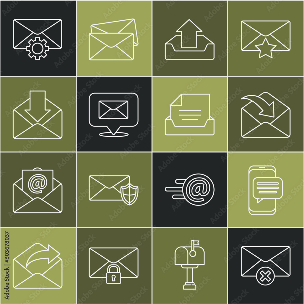 Poster set line delete envelope, chat messages notification on phone, envelope, upload inbox, speech bubble