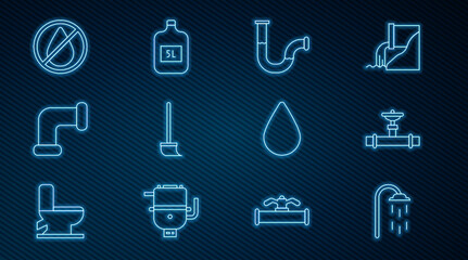 Set line Shower, Industry pipe and valve, metallic, Mop, Water drop forbidden, and Big bottle with clean water icon. Vector