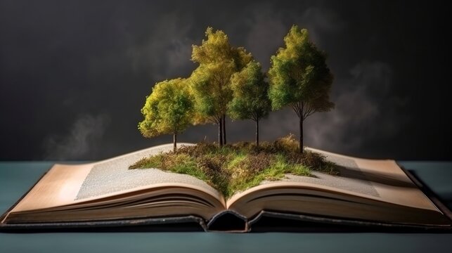 abstract an open book with forest on above created with generative ai