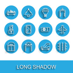 Set line Aircraft hangar, Aviator hat with goggles, Airport luggage towing truck, Passenger ladder for plane boarding, runway, Airplane window, Plane and Airline ticket icon. Vector