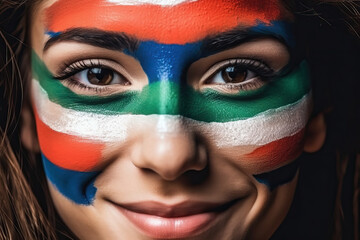 A woman with her face painted in the colors of the flag of ireland
