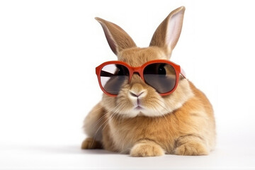 Red cute rabbit in sunglasses on a white background. AI generative.