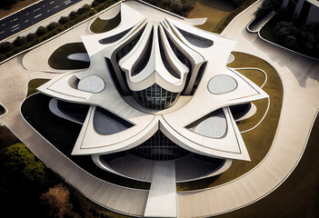A futuristic office building made of glass and concrete in the shape of a Fanciful Flower. Aerial view. AI generative.