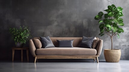 brown modern living room and a wooden table created with generative ai