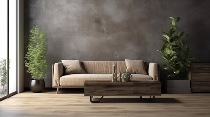 design scene with a brown sofa in minimalist living room created with generative ai