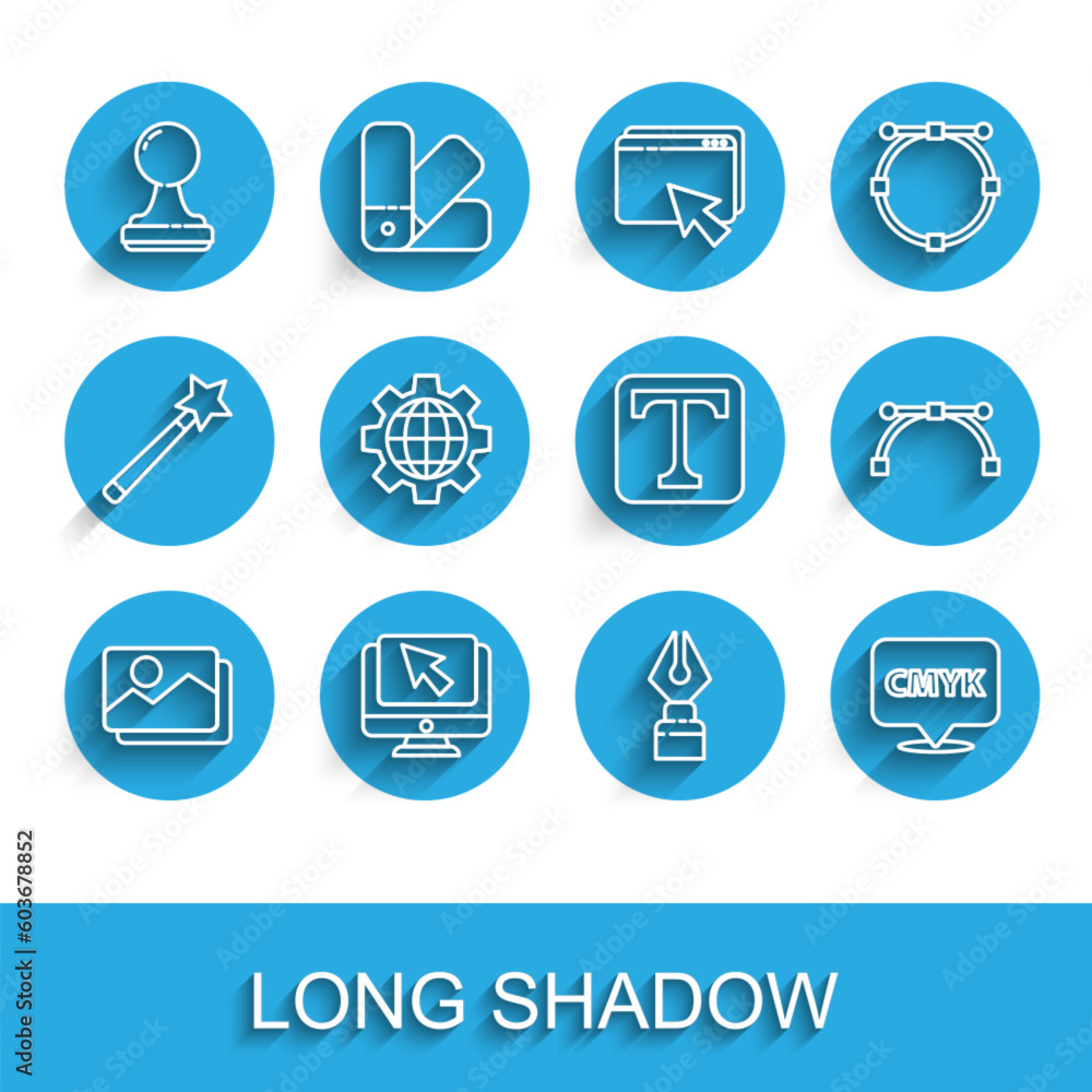 Poster set line picture landscape, computer monitor cursor, stamp, fountain pen nib, speech bubble with tex