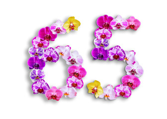 The shape of the number 65 is made of various kinds of orchid flowers. suitable for birthday, anniversary and memorial day templates