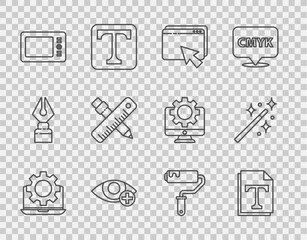 Set line Laptop and gear, Text file document, Web design development, Red eye effect, Graphic tablet, Crossed ruler pencil, Paint roller brush and Magic wand icon. Vector