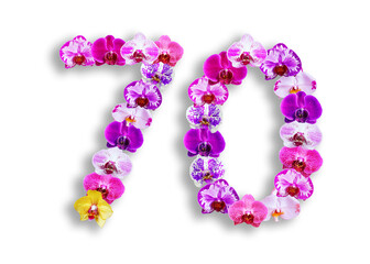 The shape of the number 70 is made of various kinds of orchid flowers. suitable for birthday, anniversary and memorial day templates
