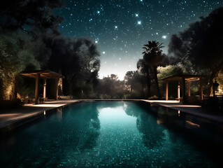 a swimming pool with a sky full of stars