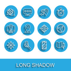 Set line Wind rose, Search location, Infographic of city map navigation, City, Folded with push pin, Location, and World globe compass icon. Vector