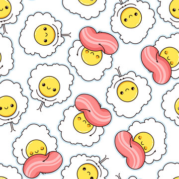 Seamless pattern of cartoon fried eggs and bacon on a white background