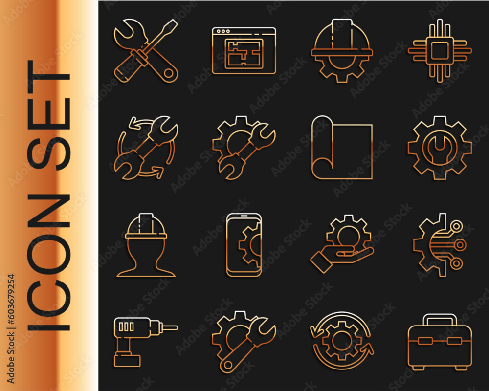 Poster set line toolbox, algorithm, wrench spanner and gear, worker safety helmet, arrows as workflow, scre