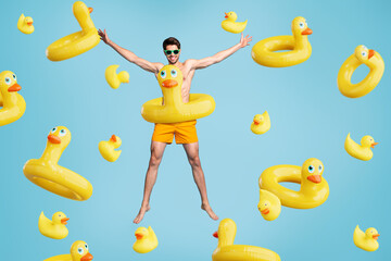Web internet poster collage of summer shopping sale young guy funny flying swimming with duck buoy on blue water background