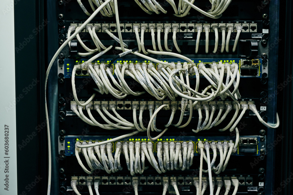 Aufkleber server room, empty or cables for internet connection, cloud computing network or cyber security hard