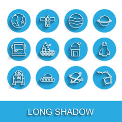 Set line Robot, UFO flying spaceship, Earth globe, Satellites orbiting the planet, Great Bear constellation, Mars rover, Rocket and Astronomical observatory icon. Vector