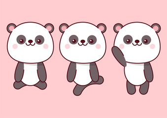 Set of kawaii pandas in different poses on a pink background