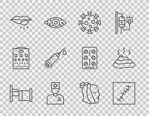Set line Hospital bed, Scar with suture, Virus, Male doctor, Herpes lip, Syringe, Toothache and Shit icon. Vector
