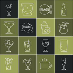 Set line Glass of champagne, with water, Cocktail, Street signboard Bar, Wine glass, and shaker icon. Vector