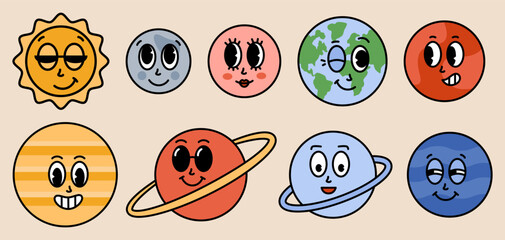 Funny cartoon planets of solar system characters. Mercury, Venus, Earth, Mars, Jupiter, Saturn, Uranus, Neptune groovy sticker pack. Comic elements in trendy retro cartoon style. Vector illustration  © Marta Sher