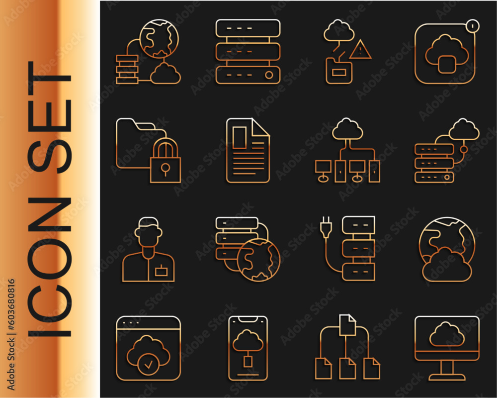 Poster set line cloud technology data transfer, social network, network cloud connection, file document, fo