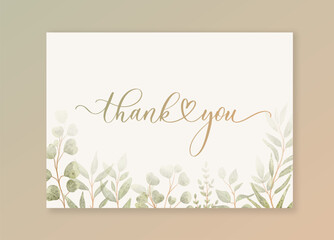 Thank you calligraphy card for wedding invitation card background with green watercolor botanical leaves.
