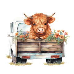 Image of Baby Highland Cow in Farm Truck Watercolor Clipart, made with generative AI printed on Printed Glass Basin Splashbacks