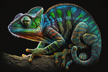 Image of a chameleon with beautiful bright colors on black background. Pet. Animals. Illustration. Generative AI.